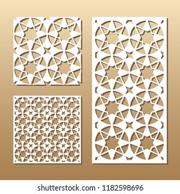 Die cut card. Laser cut vector panel. Cutout silhouette with geometric seamless pattern. A picture suitable for printing, engraving, laser cutting paper, wood, metal, stencil manufacturing.