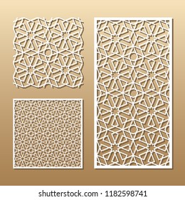 Die cut card. Laser cut vector panel. Cutout silhouette with geometric seamless pattern. A picture suitable for printing, engraving, laser cutting paper, wood, metal, stencil manufacturing.