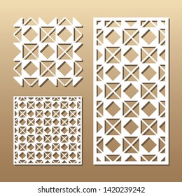 Die cut card. Laser cut vector panel. Cutout silhouette with geometric seamless pattern. A picture suitable for printing, engraving, laser cutting paper, wood, metal, stencil manufacturing.