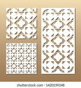 Die cut card. Laser cut vector panel. Cutout silhouette with geometric seamless pattern. A picture suitable for printing, engraving, laser cutting paper, wood, metal, stencil manufacturing.