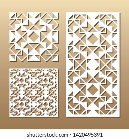 Die cut card. Laser cut vector panel. Cutout silhouette with geometric seamless pattern. A picture suitable for printing, engraving, laser cutting paper, wood, metal, stencil manufacturing.