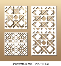 Die cut card. Laser cut vector panel. Cutout silhouette with geometric seamless pattern. A picture suitable for printing, engraving, laser cutting paper, wood, metal, stencil manufacturing.