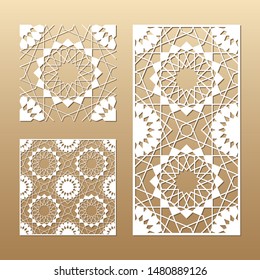 Die cut card. Laser cut vector panel. Cutout silhouette with geometric seamless pattern. A picture suitable for printing, engraving, laser cutting paper, wood, metal, stencil manufacturing.