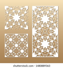 Die cut card. Laser cut vector panel. Cutout silhouette with geometric seamless pattern. A picture suitable for printing, engraving, laser cutting paper, wood, metal, stencil manufacturing.