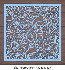 Die cut card. Laser cut vector panel. Cutout silhouette with botanical pattern. Filigree leaves for paper cutting. 