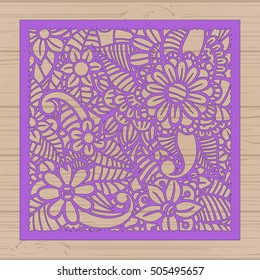 Die cut card. Laser cut vector panel. Cutout silhouette with botanical pattern. Filigree leaves for paper cutting. 