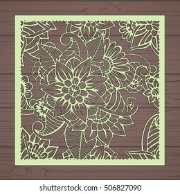 Die cut card. Laser cut vector panel. Cutout silhouette with botanical pattern. Filigree leaves for paper cutting. 