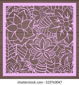 Die cut card. Laser cut vector panel. Cutout silhouette with botanical pattern. Filigree leaves for paper cutting. 