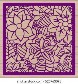 Die cut card. Laser cut vector panel. Cutout silhouette with botanical pattern. Filigree leaves for paper cutting. 