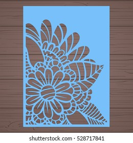 Die cut card. Laser cut vector panel. Cutout silhouette with botanical pattern. Filigree leaves for paper cutting. 