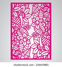 Die cut card. Laser cut vector panel. Cutout silhouette with botanical pattern. Filigree leaves for paper cutting. 