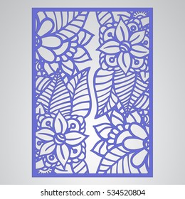 Die cut card. Laser cut vector panel. Cutout silhouette with botanical pattern. Filigree leaves for paper cutting. 