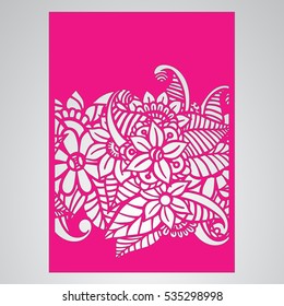 Die cut card. Laser cut vector panel. Cutout silhouette with botanical pattern. Filigree leaves for paper cutting. 