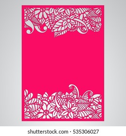 Die cut card. Laser cut vector panel. Cutout silhouette with botanical pattern. Filigree leaves for paper cutting. 