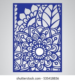 Die cut card. Laser cut vector panel. Cutout silhouette with botanical pattern. Filigree leaves for paper cutting. 