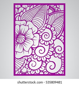 Die cut card. Laser cut vector panel. Cutout silhouette with botanical pattern. Filigree leaves for paper cutting. 