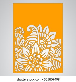 Die cut card. Laser cut vector panel. Cutout silhouette with botanical pattern. Filigree leaves for paper cutting. 