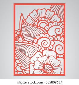 Die cut card. Laser cut vector panel. Cutout silhouette with botanical pattern. Filigree leaves for paper cutting. 