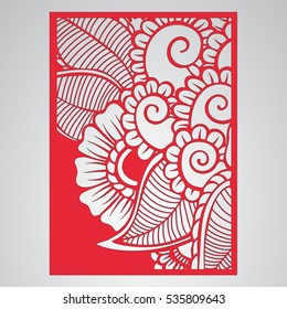 Die cut card. Laser cut vector panel. Cutout silhouette with botanical pattern. Filigree leaves for paper cutting. 