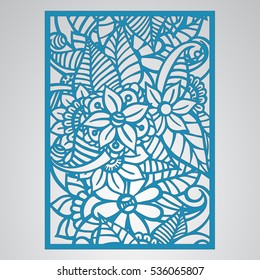 Die cut card. Laser cut vector panel. Cutout silhouette with botanical pattern. Filigree leaves for paper cutting. 