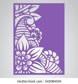 Die cut card. Laser cut vector panel. Cutout silhouette with botanical pattern. Filigree leaves for paper cutting. 