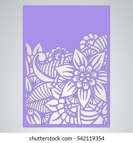 Die cut card. Laser cut vector panel. Cutout silhouette with botanical pattern. Filigree leaves for paper cutting. 