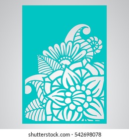 Die cut card. Laser cut vector panel. Cutout silhouette with botanical pattern. Filigree leaves for paper cutting.