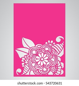 Die cut card. Laser cut vector panel. Cutout silhouette with botanical pattern. Filigree leaves for paper cutting.