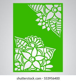 Die cut card. Laser cut vector panel. Cutout silhouette with botanical pattern. Filigree leaves for paper cutting. 