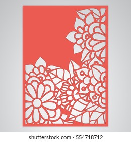 Die cut card. Laser cut vector panel. Cutout silhouette with botanical pattern. Filigree leaves for paper cutting. 
