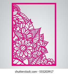 Die cut card. Laser cut vector panel. Cutout silhouette with botanical pattern. Filigree leaves for paper cutting. 