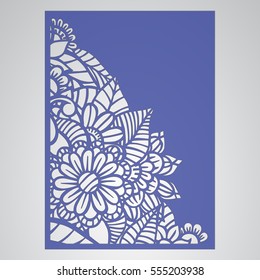 Die cut card. Laser cut vector panel. Cutout silhouette with botanical pattern. Filigree leaves for paper cutting. 