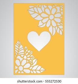 Die cut card. Laser cut vector panel. Cutout silhouette with botanical pattern. Filigree leaves for paper cutting. 