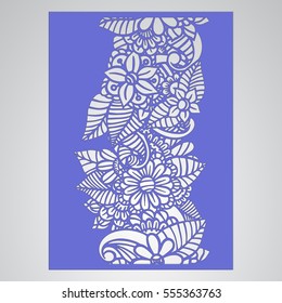 Die cut card. Laser cut vector panel. Cutout silhouette with botanical pattern. Filigree leaves for paper cutting. 
