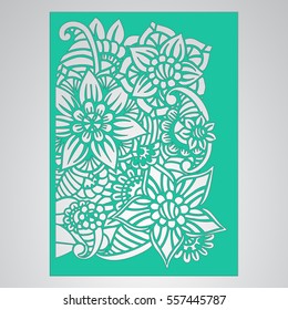 Die cut card. Laser cut vector panel. Cutout silhouette with botanical pattern. Filigree leaves for paper cutting. 
