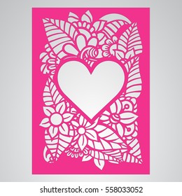 Die cut card. Laser cut vector panel. Cutout silhouette with botanical pattern. Filigree leaves for paper cutting. 