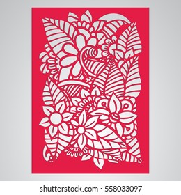 Die cut card. Laser cut vector panel. Cutout silhouette with botanical pattern. Filigree leaves for paper cutting. 