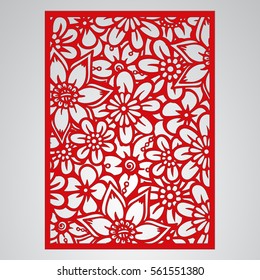 Die cut card. Laser cut vector panel. Cutout silhouette with botanical pattern. Filigree leaves for paper cutting. 