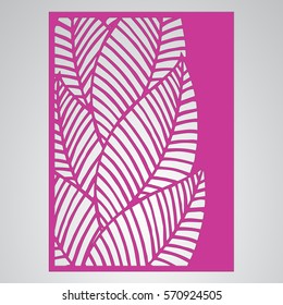 Die cut card. Laser cut vector panel. Cutout silhouette with botanical pattern. Filigree leaves for paper cutting.