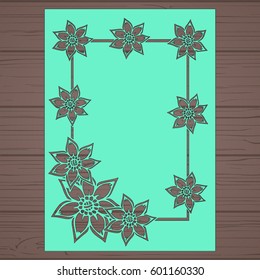 Die cut card. Laser cut vector panel. Cutout silhouette with botanical pattern. Filigree leaves for paper cutting. 