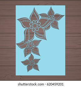Die cut card. Laser cut vector panel. Cutout silhouette with botanical pattern. Filigree leaves for paper cutting. 