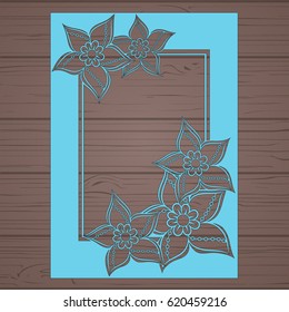 Die cut card. Laser cut vector panel. Cutout silhouette with botanical pattern. Filigree leaves for paper cutting. 