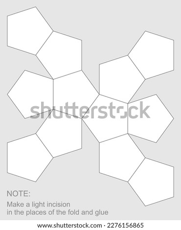 Die cut dodecahedron template. Unfolding polygon with cutting and scoring lines. Cut and glue yourself out of paper. 3D figure layout on a plane. Unwrapping shape. Vector