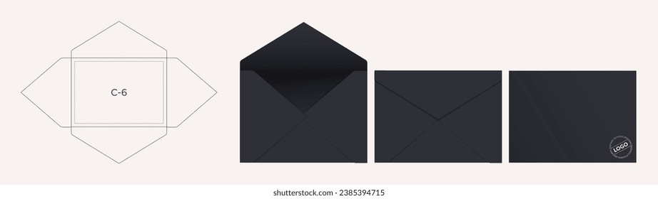 Die cut envelope template. C6 Size envelope template. Vector black isolated circuit envelope with mockups. International standard size