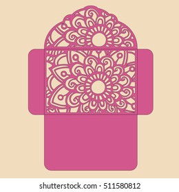 Die cut envelope template vector. Envelope mockup with swirly cutout flap. Wedding invitation envelope for cutting machine of laser cutting.
