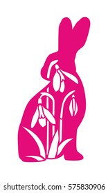 Die cut hare shapes with snowdrops. Easter rabbit decoration. Laser cutting template for greeting cards, interior elements.