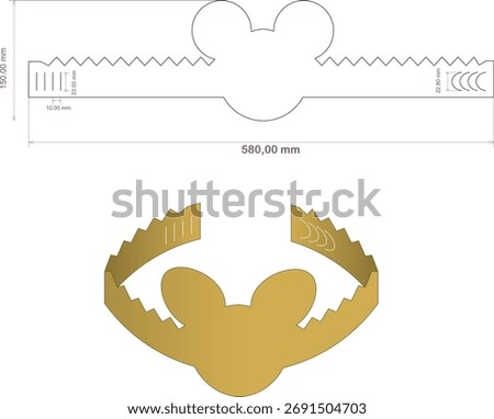Die cut image of a birthday crown hat in the shape of a Mickey Mouse character with a length of 58 cm and a width of 15 cm, when worn it can be adjusted to the shape of the head circumference.