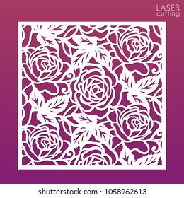 Die cut ornamental panel with pattern of roses. May be use for laser cutting. Lazer cut card. Silhouette pattern. Cutout paperwork. Cabinet fretwork panel. Lasercut metal panel. Wood carving.