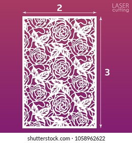 Die cut ornamental panel with pattern of roses. May be use for laser cutting. Lazer cut card. Silhouette pattern. Cutout paperwork. Cabinet fretwork panel. Lasercut metal panel. Wood carving.