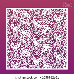 Die cut ornamental panel with pattern of roses. May be use for laser cutting. Lazer cut card. Silhouette pattern. Cutout paperwork. Cabinet fretwork panel. Lasercut metal panel. Wood carving.